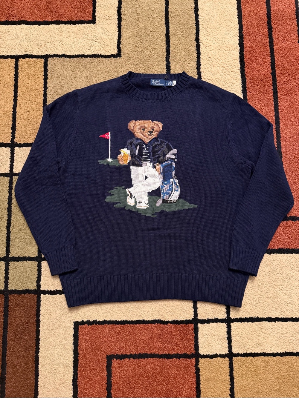 Ralph Lauren Navy Crewneck Sweater with Golf Bear Motif
